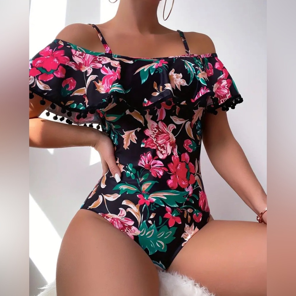 Tropical Print One-piece Swimsuit, Ruffle Hem Tummy Control High Cut Swimsuit